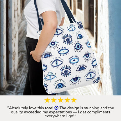 Bold Blue Evil Eye Pattern Large Tote Bag for Travel Market Books Beach or Daily Use Greek Inspired All-Seeing Eye Print Gift for Friends