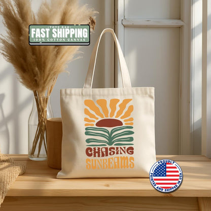 Chasing Sunbeams Cotton Canvas Tote Bag Eco-Friendly Shopper Beach Lover Bag Gift for Her Summer Beach Bag Essentials Reusable Grocery Bag