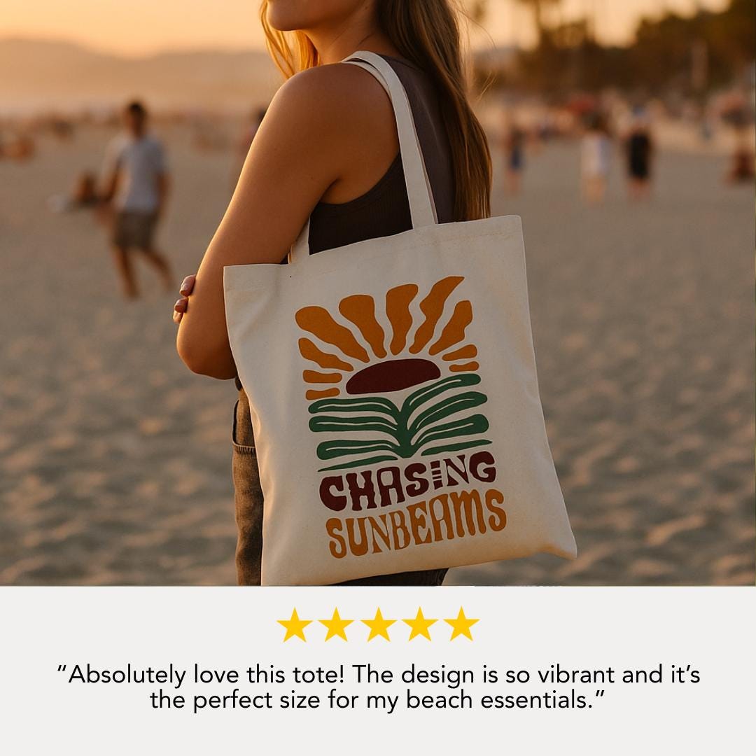 Chasing Sunbeams Cotton Canvas Tote Bag Eco-Friendly Shopper Beach Lover Bag Gift for Her Summer Beach Bag Essentials Reusable Grocery Bag