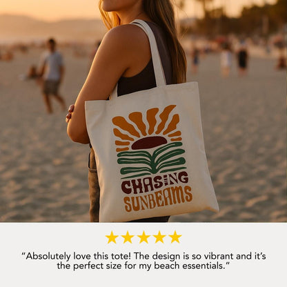 Chasing Sunbeams Cotton Canvas Tote Bag Eco-Friendly Shopper Beach Lover Bag Gift for Her Summer Beach Bag Essentials Reusable Grocery Bag