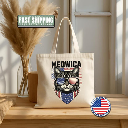 Patriotic Cat Tote Bag Meowica Canvas Bag for Pet Lovers Gift for Cat Owners Eco-Friendly Grocery Bag 4th of July Canvas Bag for Cat Lovers