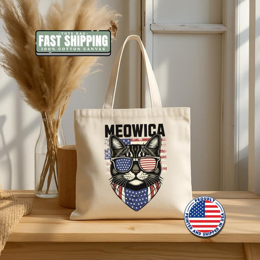 Patriotic Cat Tote Bag Meowica Canvas Bag for Pet Lovers Gift for Cat Owners Eco-Friendly Grocery Bag 4th of July Canvas Bag for Cat Lovers