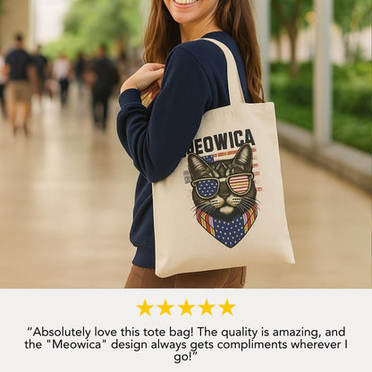 Patriotic Cat Tote Bag Meowica Canvas Bag for Pet Lovers Gift for Cat Owners Eco-Friendly Grocery Bag 4th of July Canvas Bag for Cat Lovers