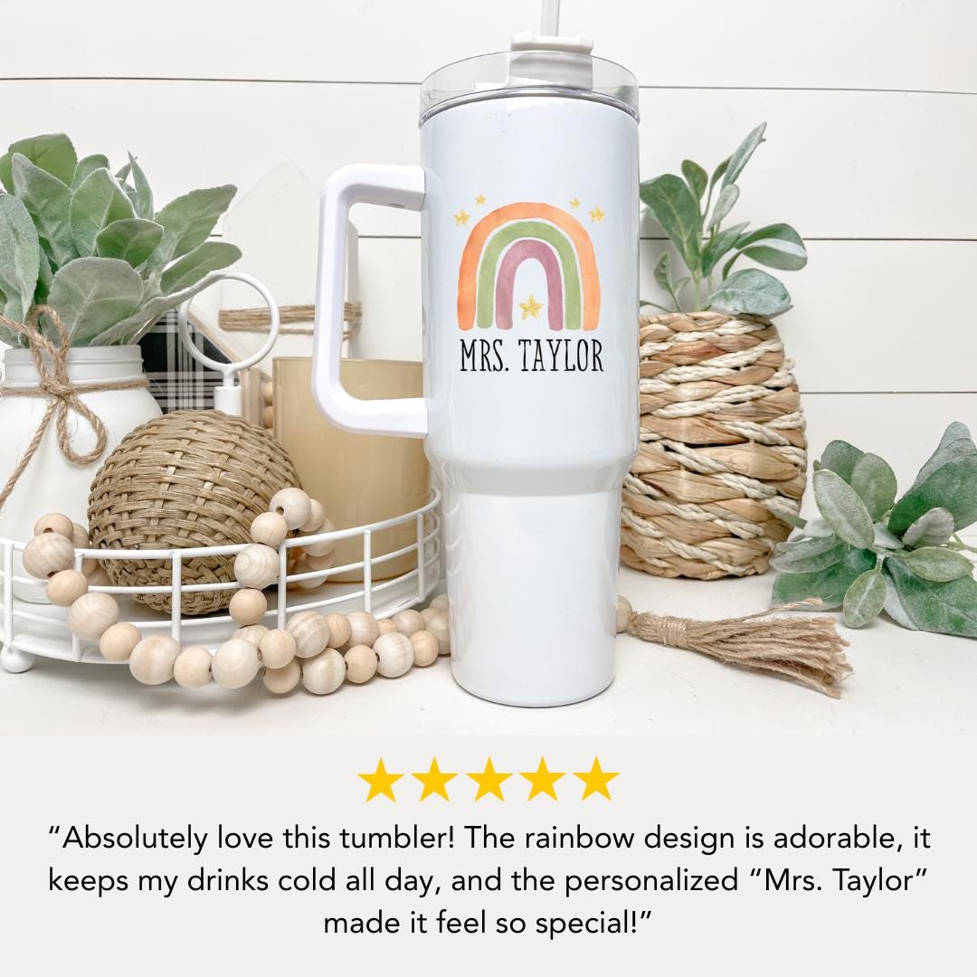 Personalized Rainbow 40oz Tumbler with Handle & Straw Bridal Engagement Bachelorette or Bride Gift Travel Tumbler Future Mrs Gift Mug Idea