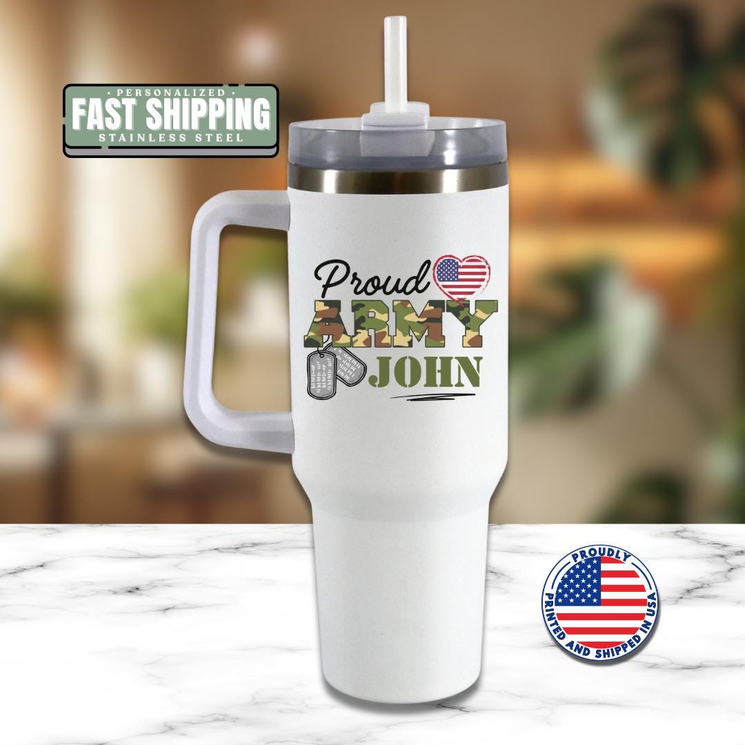 Personalized Proud Army Dad Tumbler 40 oz Military Support Gift with Handle & Straw Custom Name Travel Mug Patriotic Veteran Gift for Family