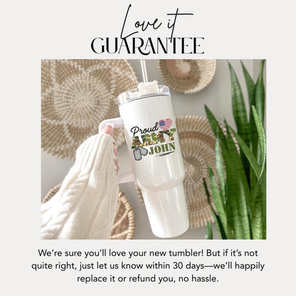 Personalized Proud Army Dad Tumbler 40 oz Military Support Gift with Handle & Straw Custom Name Travel Mug Patriotic Veteran Gift for Family