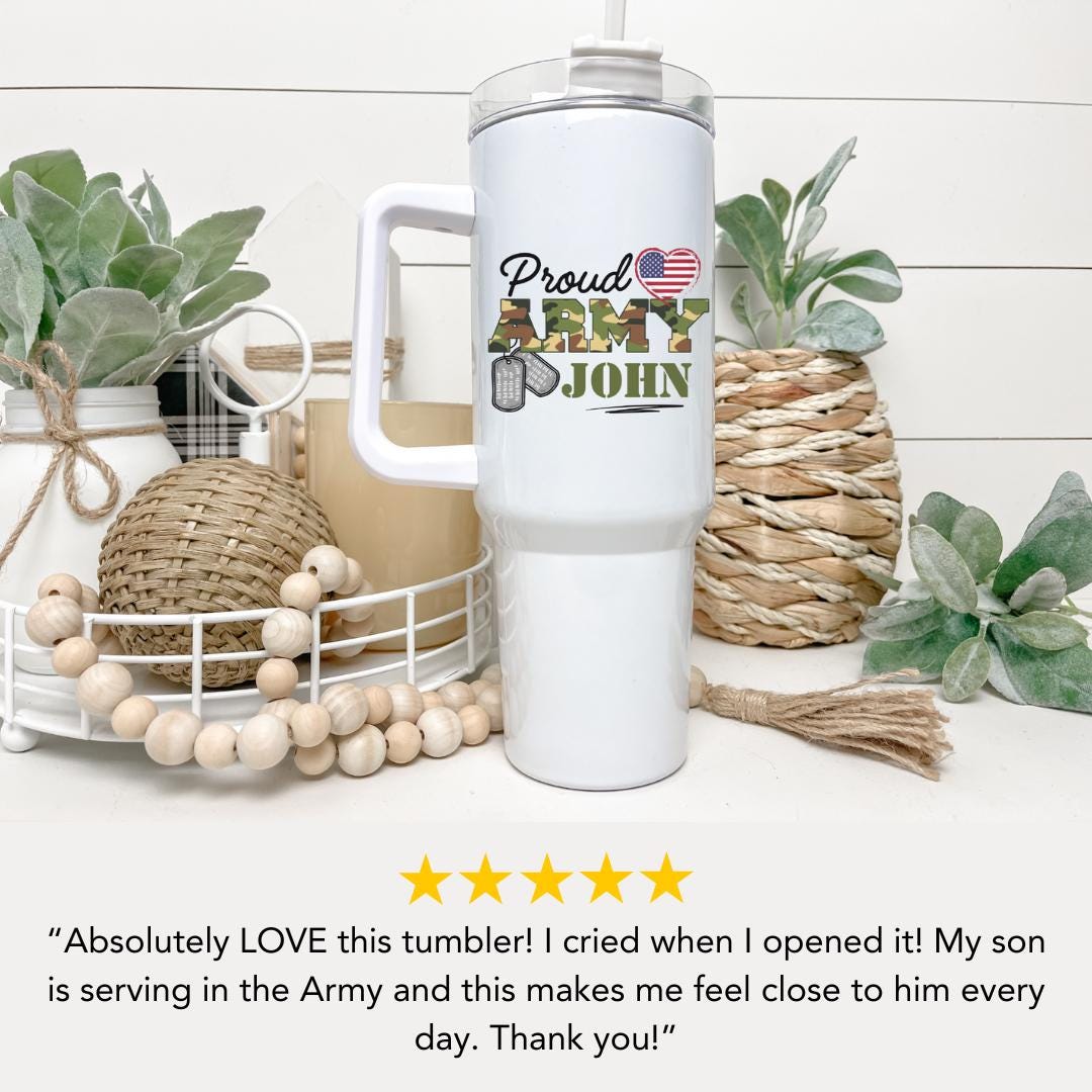 Personalized Proud Army Dad Tumbler 40 oz Military Support Gift with Handle & Straw Custom Name Travel Mug Patriotic Veteran Gift for Family