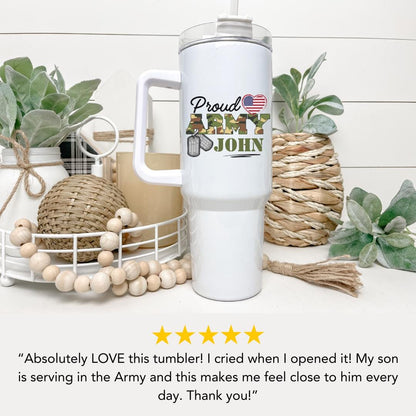 Personalized Proud Army Dad Tumbler 40 oz Military Support Gift with Handle & Straw Custom Name Travel Mug Patriotic Veteran Gift for Family