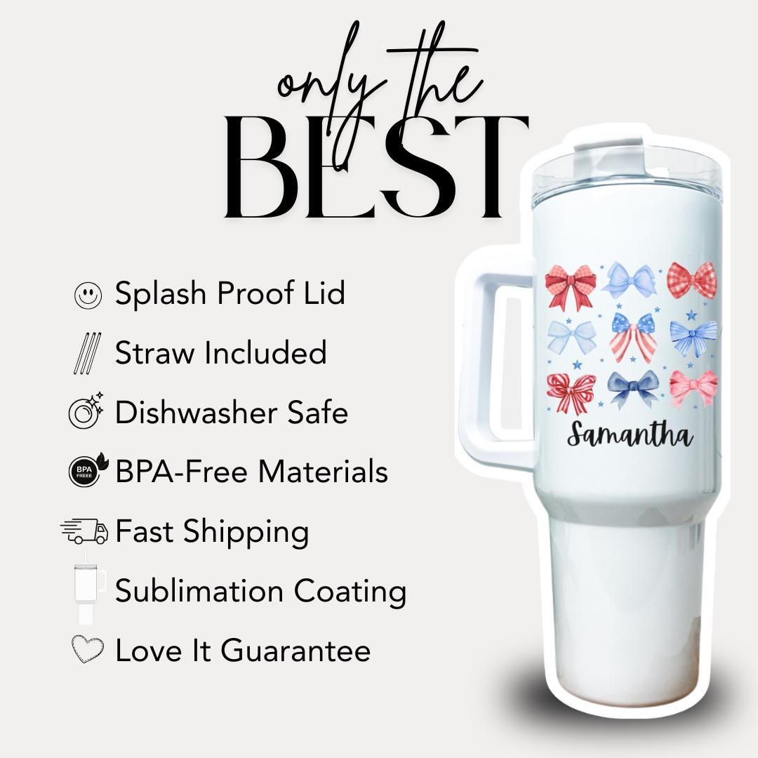 Patriotic Bows Tumbler Custom Name 40 oz Cup Gift with Handle & Straw Cute 4th of July Gift for Women, Girls, Teens Iced Coffee Travel Cup