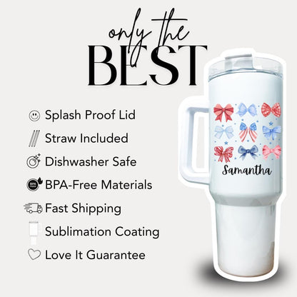 Patriotic Bows Tumbler Custom Name 40 oz Cup Gift with Handle & Straw Cute 4th of July Gift for Women, Girls, Teens Iced Coffee Travel Cup