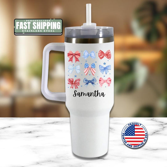Patriotic Bows Tumbler Custom Name 40 oz Cup Gift with Handle & Straw Cute 4th of July Gift for Women, Girls, Teens Iced Coffee Travel Cup
