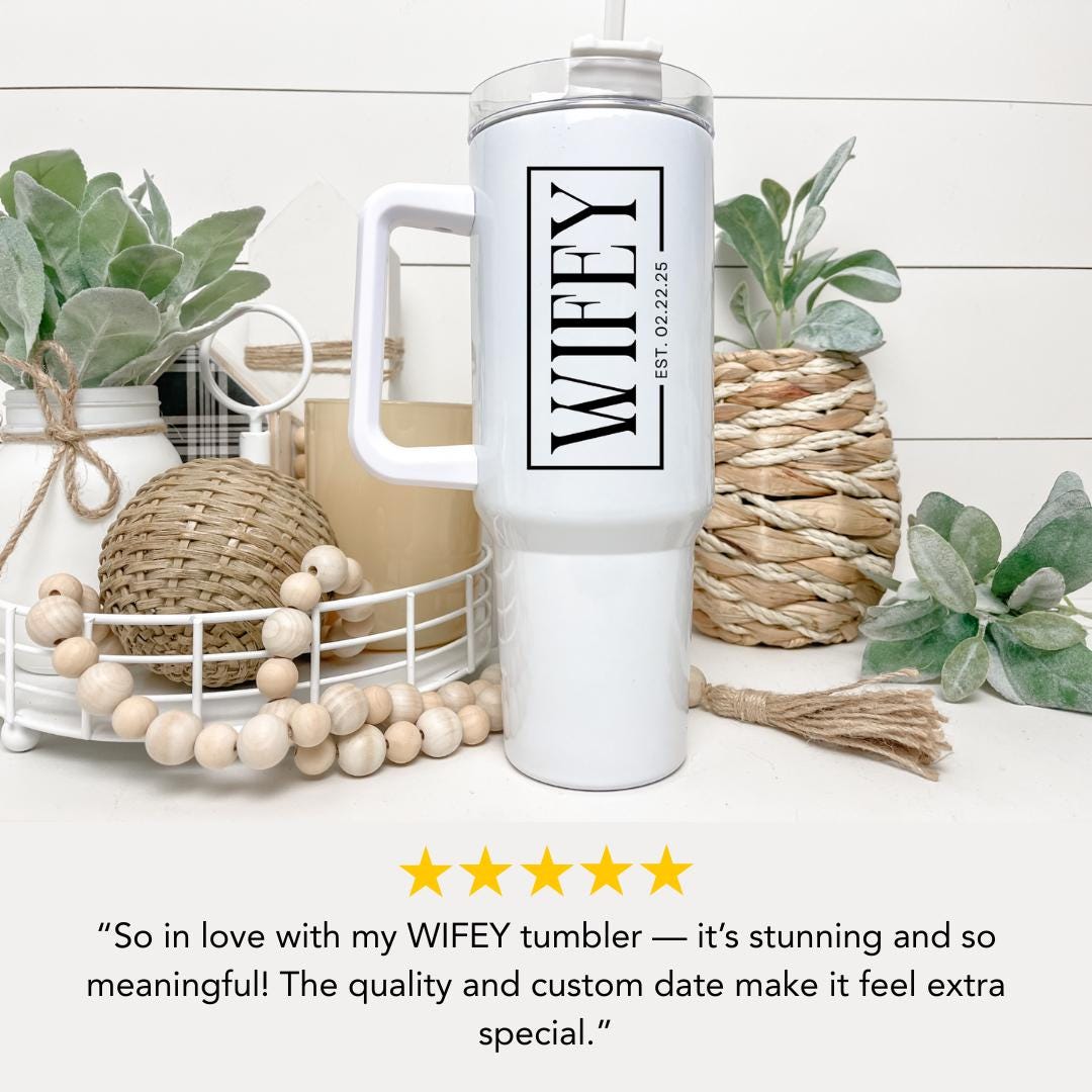Personalized Wifey 40oz Tumbler with Handle & Straw Custom Engagement Gift for Bride Gift Idea Cup for Bachelorette Party and Bridal Shower