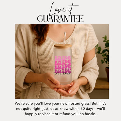 Personalized Bride Frosted Glass with Bamboo Lid & Straw Cup 16oz Custom Tumbler with Name Bride Gift Tumbler Bachelorette Party Gift