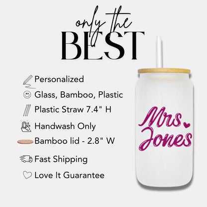 Personalized Bride Frosted Glass with Bamboo Lid & Straw Cup 16oz Custom Tumbler with Name Bride Gift Tumbler Bachelorette Party Gift