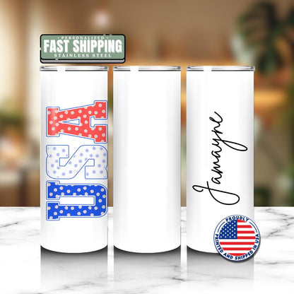 Personalized US Memorial Day Tribute Tumbler – 20oz Skinny Tumbler Travel Mug 4th of July Gift for Women Skinny Cup for Patriotic Girls