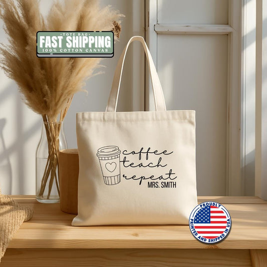 Personalized Teacher Tote Bag Custom Cotton Canvas Bag Teacher Appreciation Gift Idea Coffee Lover Teacher Gift Back to School Tote Bag
