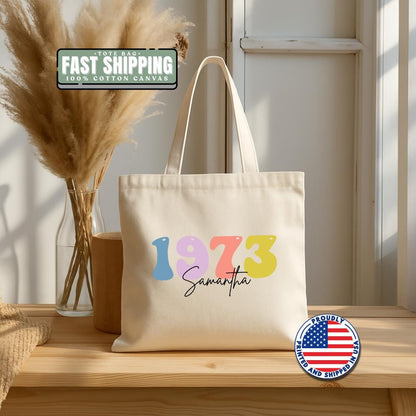 Personalized Retro Cotton Canvas Bag Custom Birthday Gift Idea for Her Reusable Eco Tote for Shopping or Books Tote for Women Gift for Mom