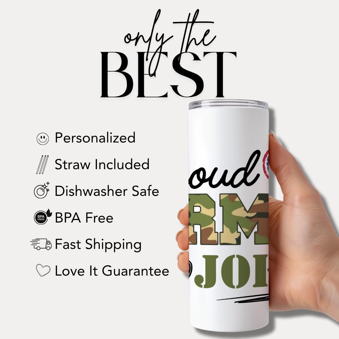 Personalized Proud Army Tumbler Custom Name Camo Cup 20oz Skinny Tumbler Travel Mug Military Gift for Him or Her Army Camo Cup for Veterans