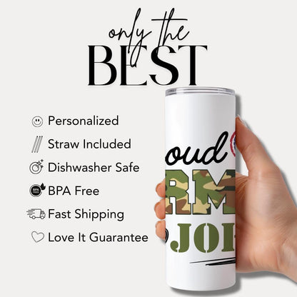 Personalized Proud Army Tumbler Custom Name Camo Cup 20oz Skinny Tumbler Travel Mug Military Gift for Him or Her Army Camo Cup for Veterans