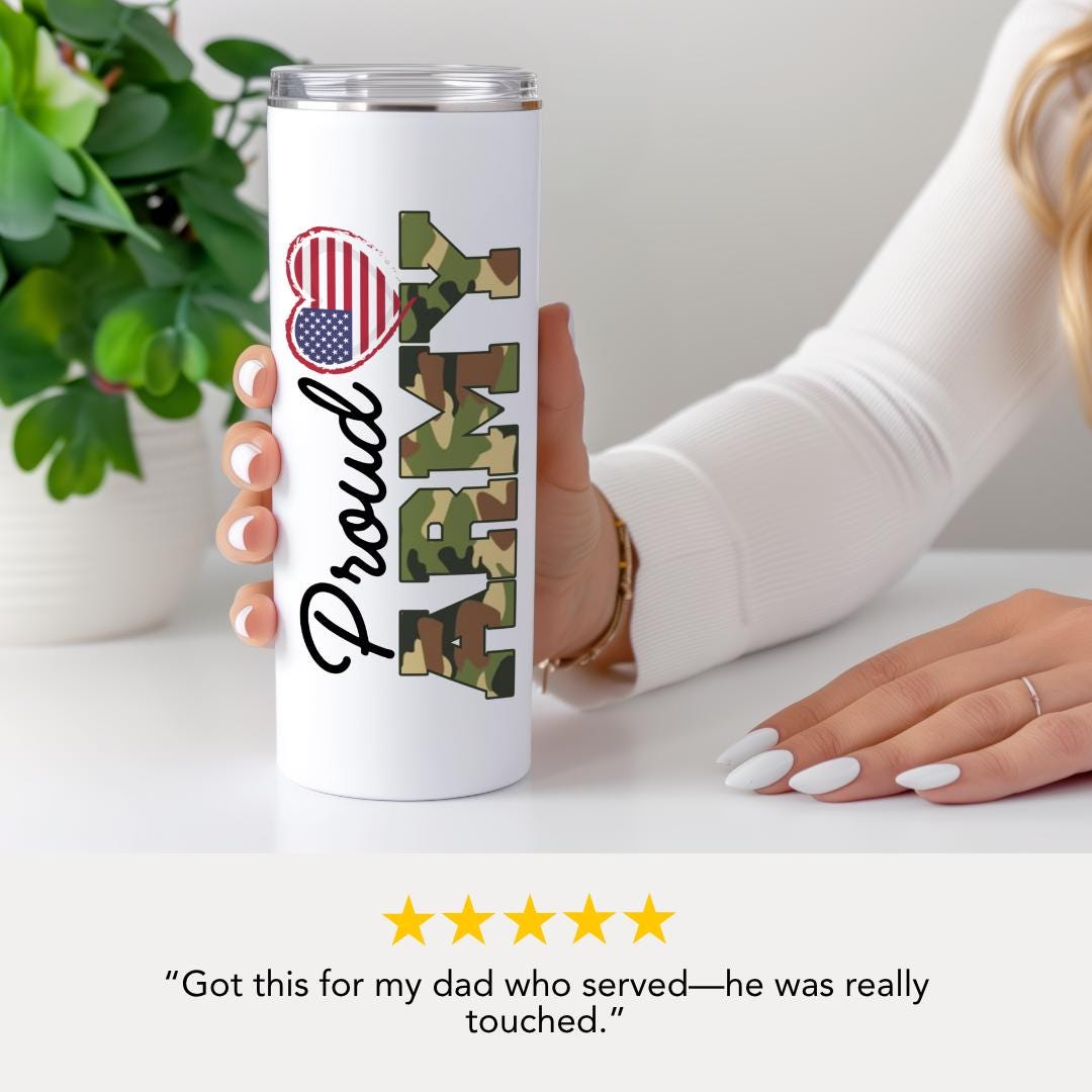 Personalized Proud Army Tumbler Custom Name Camo Cup 20oz Skinny Tumbler Travel Mug Military Gift for Him or Her Army Camo Cup for Veterans
