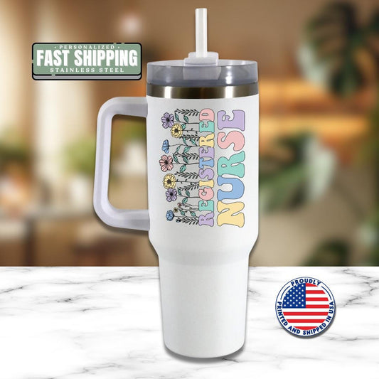 Personalized Registered Nurse Floral Mug 40oz Tumbler with Handle Nurse Gift for Nurse Appreciation Gift for Registered Nurse Travel Mug