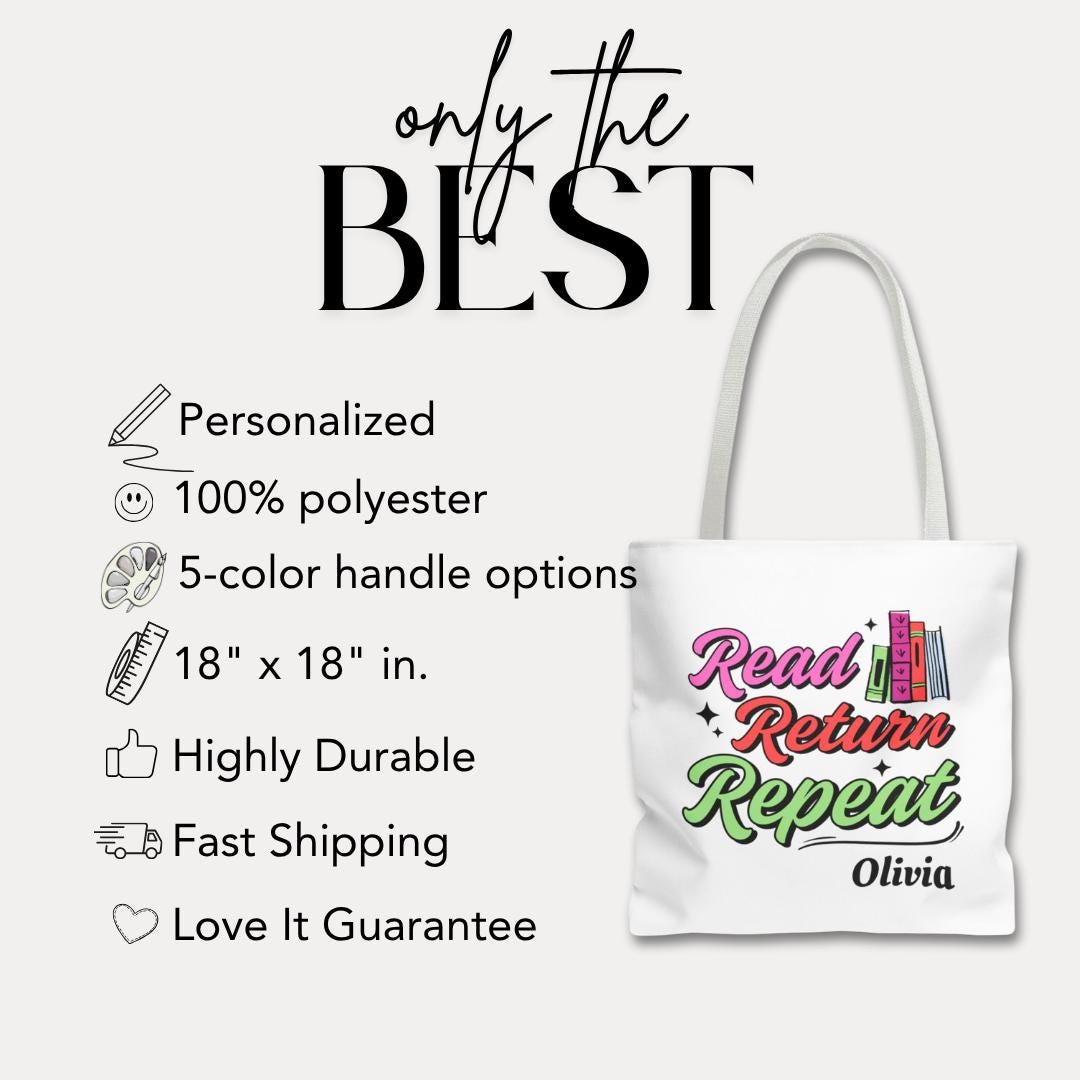 Personalized Read Return Repeat Tote Bag Custom Library Book Bag with Name Cute Literary Gift for Her, Teachers, Student Bookish Tote Bag
