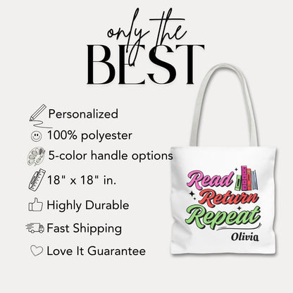 Personalized Read Return Repeat Tote Bag Custom Library Book Bag with Name Cute Literary Gift for Her, Teachers, Student Bookish Tote Bag