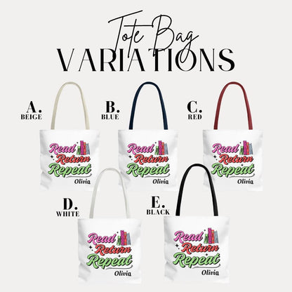 Personalized Read Return Repeat Tote Bag Custom Library Book Bag with Name Cute Literary Gift for Her, Teachers, Student Bookish Tote Bag
