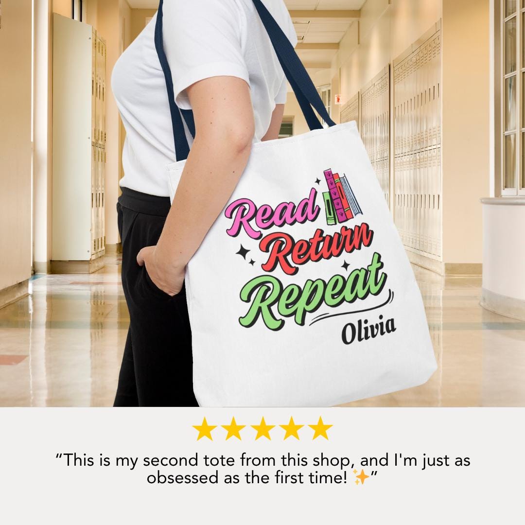 Personalized Read Return Repeat Tote Bag Custom Library Book Bag with Name Cute Literary Gift for Her, Teachers, Student Bookish Tote Bag