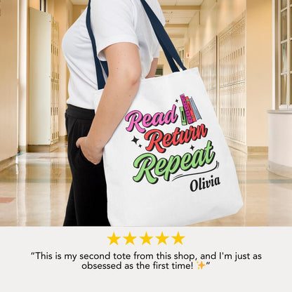 Personalized Read Return Repeat Tote Bag Custom Library Book Bag with Name Cute Literary Gift for Her, Teachers, Student Bookish Tote Bag