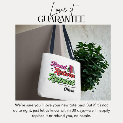 Personalized Read Return Repeat Tote Bag Custom Library Book Bag with Name Cute Literary Gift for Her, Teachers, Student Bookish Tote Bag