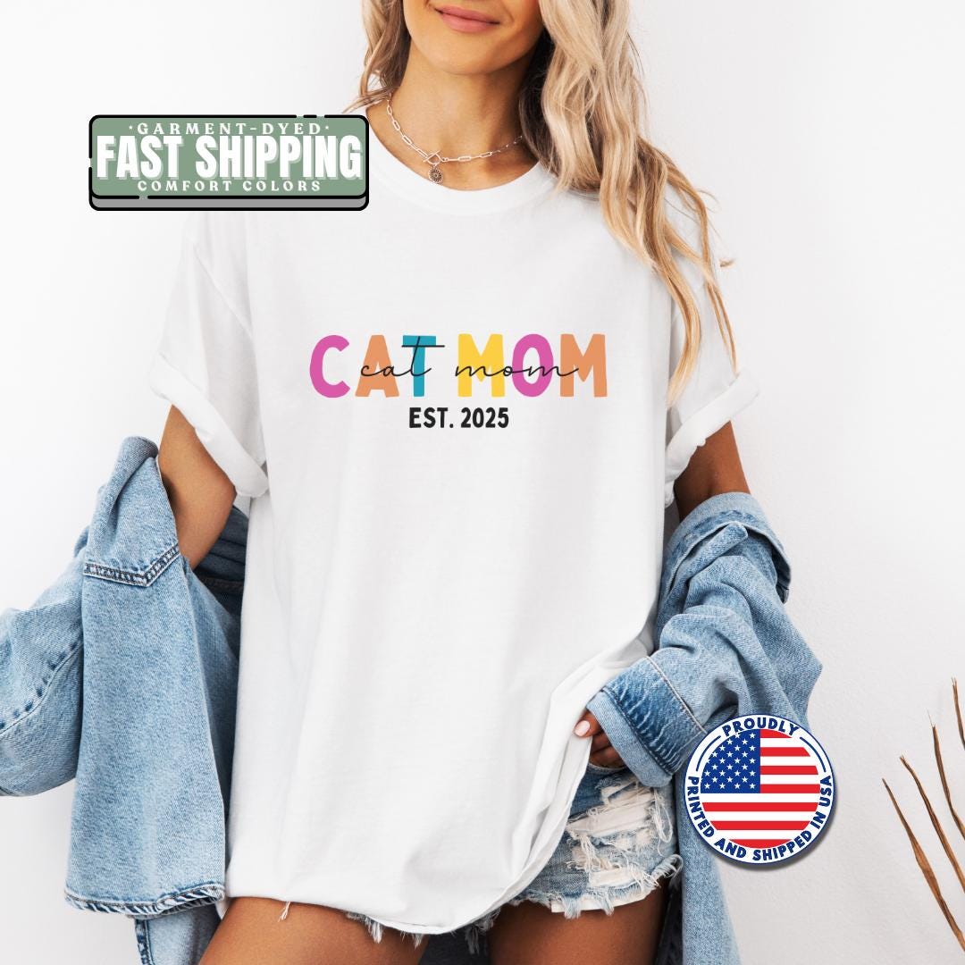 Personalized Cat Mom T-Shirt Est. 2025 Custom Comfort Colors Cat Adoption Announcement Tee Cat Lover Gift Cute Pet Mom Shirt Cat Lover Shirt
