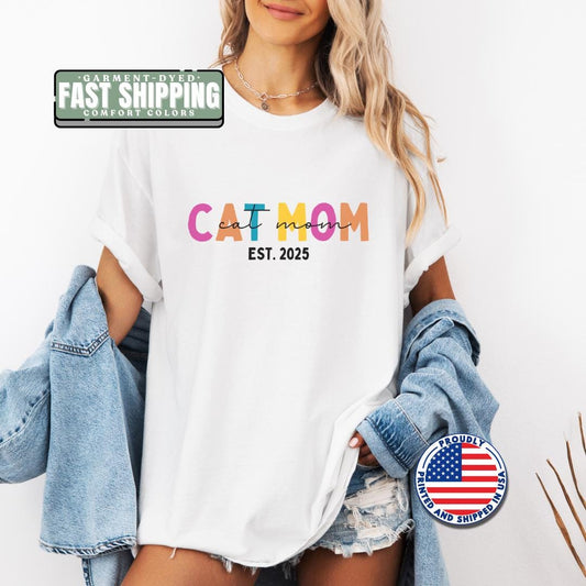 Personalized Cat Mom T-Shirt Est. 2025 Custom Comfort Colors Cat Adoption Announcement Tee Cat Lover Gift Cute Pet Mom Shirt Cat Lover Shirt