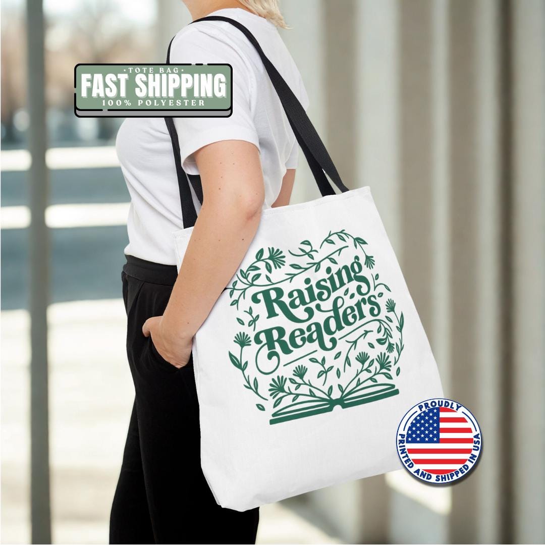 Raising Readers Book Tote Bag 18"x18" Cute Reading Design with Leaves Daily Use Tote for Bookworm Tote Bag Gift Bag for Readers Shopping Bag