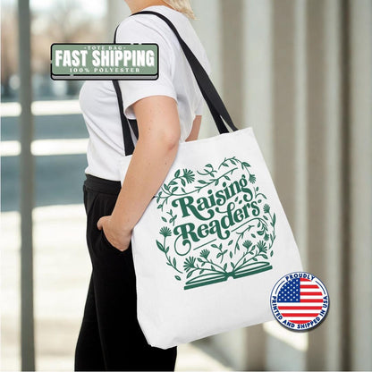 Raising Readers Book Tote Bag 18"x18" Cute Reading Design with Leaves Daily Use Tote for Bookworm Tote Bag Gift Bag for Readers Shopping Bag