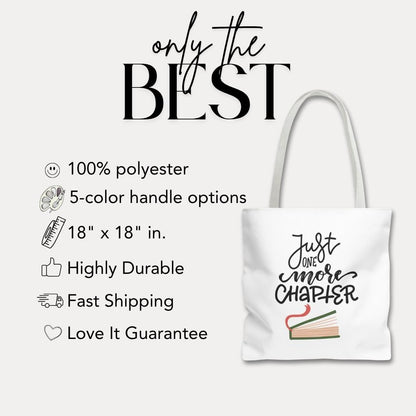 Just One More Chapter Tote Bag 18"x18" Reading Bag for Bookworms Book Club Library Tote Everyda Casual Book Bag Book Haul Bag for Women