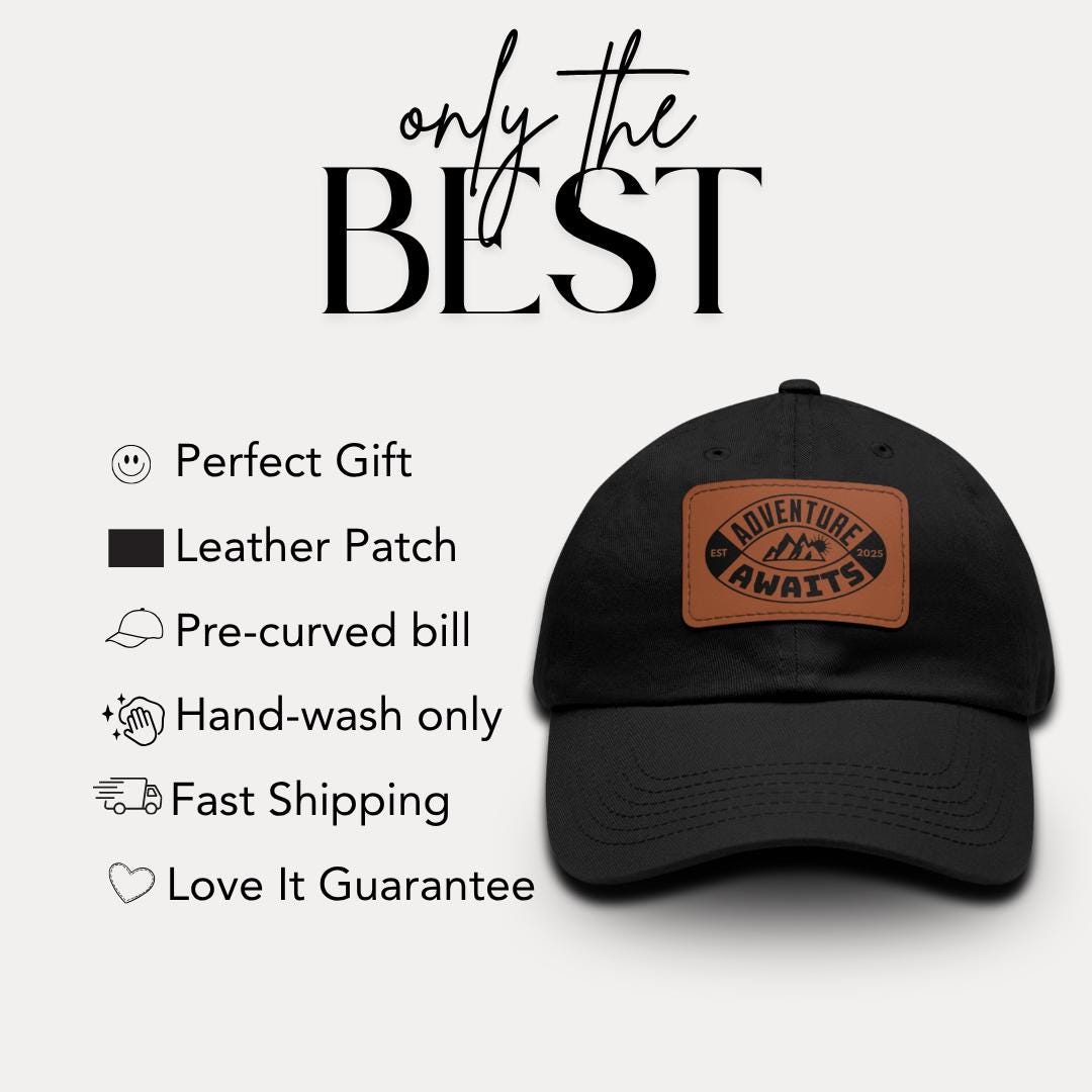 Personalized Adventure Awaits Leather Patch Hat Custom Mountain Hiking Hat Unisex Camping Gift Outdoor Travel Gear Outdoor Cap Gift for Him