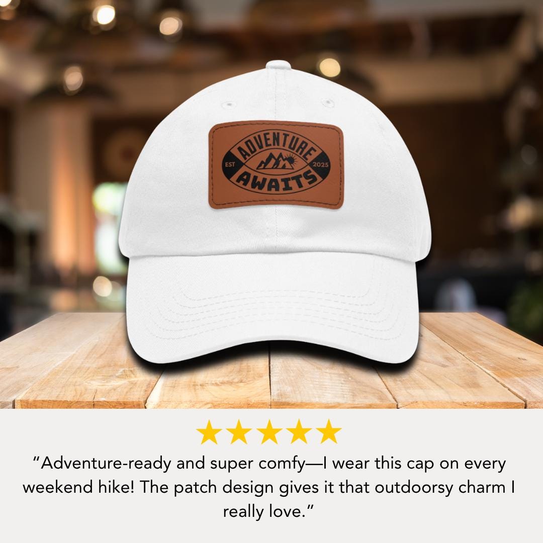 Personalized Adventure Awaits Leather Patch Hat Custom Mountain Hiking Hat Unisex Camping Gift Outdoor Travel Gear Outdoor Cap Gift for Him