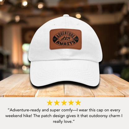 Personalized Adventure Awaits Leather Patch Hat Custom Mountain Hiking Hat Unisex Camping Gift Outdoor Travel Gear Outdoor Cap Gift for Him