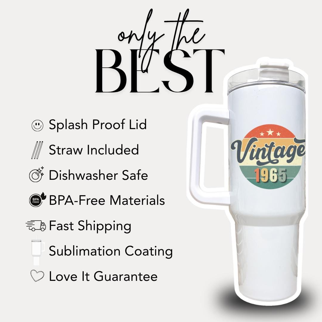 Personalized Vintage Year 40oz Tumbler with Handle & Straw Custom Travel Mug Funny Birthday Gift for Him, Dad, Grandpa Retro Year Design