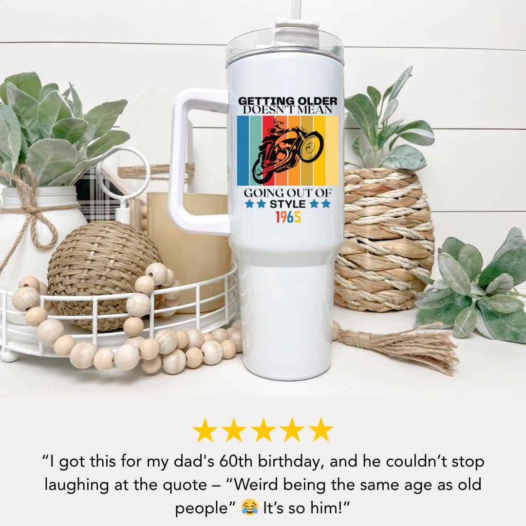 Personalized Vintage Motorcycle 40oz Tumbler with Handle & Straw Custom Retro Biker Mug Birthday Gift for Husband, Dad, Grandpa, Biker Lover