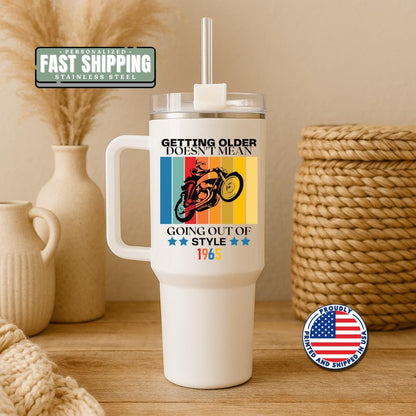 Personalized Vintage Motorcycle 40oz Tumbler with Handle & Straw Custom Retro Biker Mug Birthday Gift for Husband, Dad, Grandpa, Biker Lover