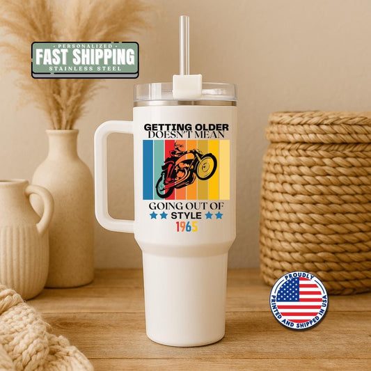 Personalized Vintage Motorcycle 40oz Tumbler with Handle & Straw Custom Retro Biker Mug Birthday Gift for Husband, Dad, Grandpa, Biker Lover