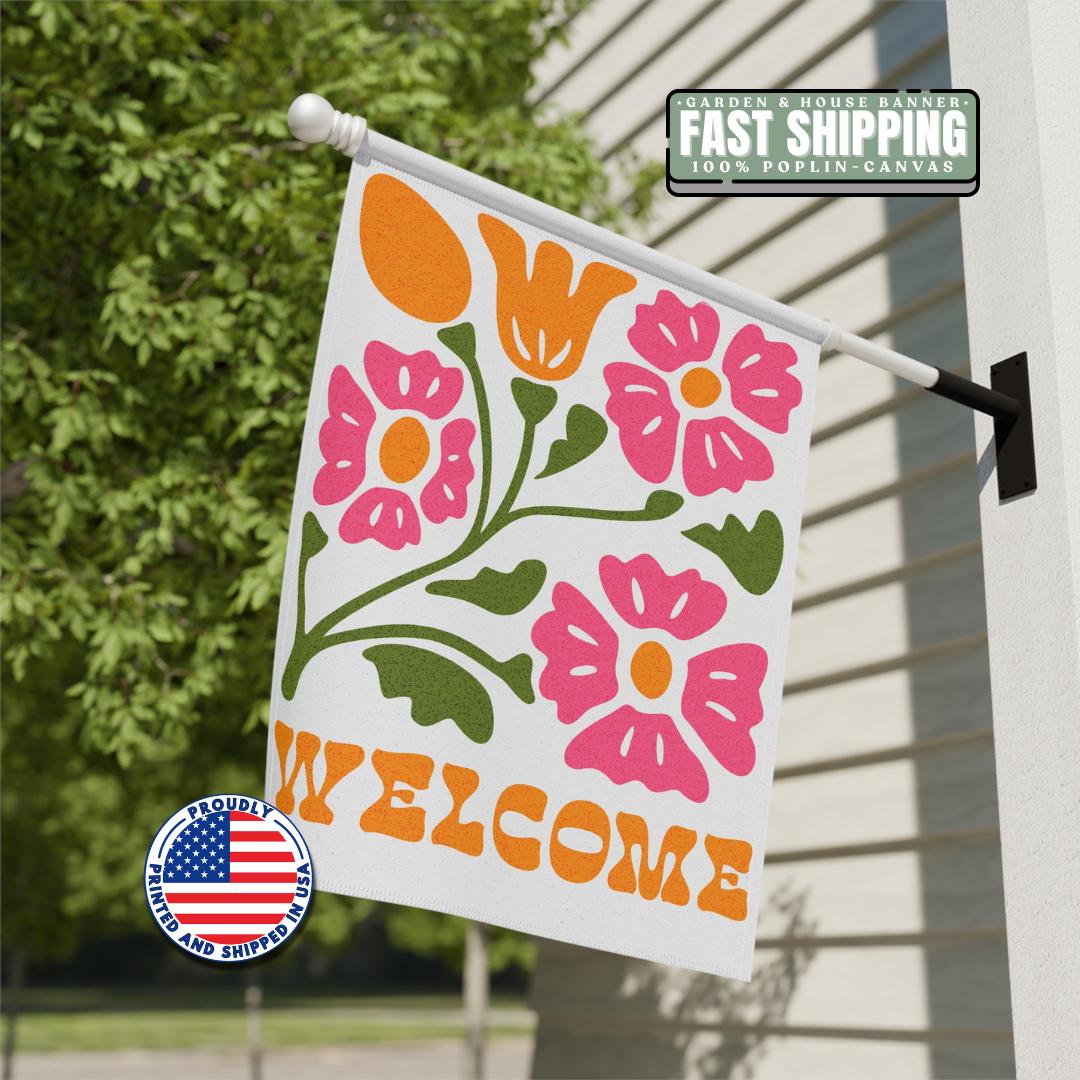 Retro Floral Welcome House Banner Outdoor Decor Spring Decor Housewarming Gift Garden and House Flag Rustic Home Welcoming Sign House Decor