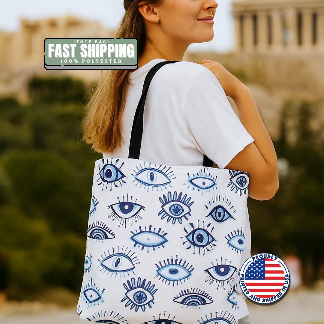 Bold Blue Evil Eye Pattern Large Tote Bag for Travel Market Books Beach or Daily Use Greek Inspired All-Seeing Eye Print Gift for Friends