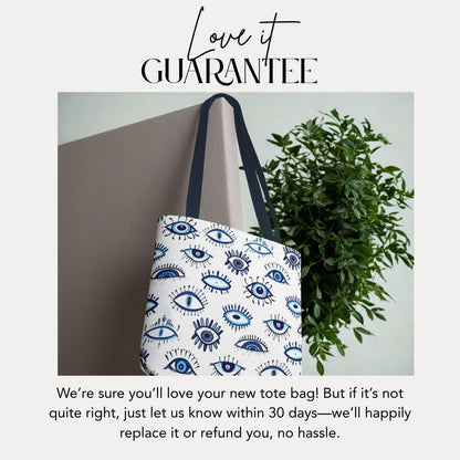 Bold Blue Evil Eye Pattern Large Tote Bag for Travel Market Books Beach or Daily Use Greek Inspired All-Seeing Eye Print Gift for Friends