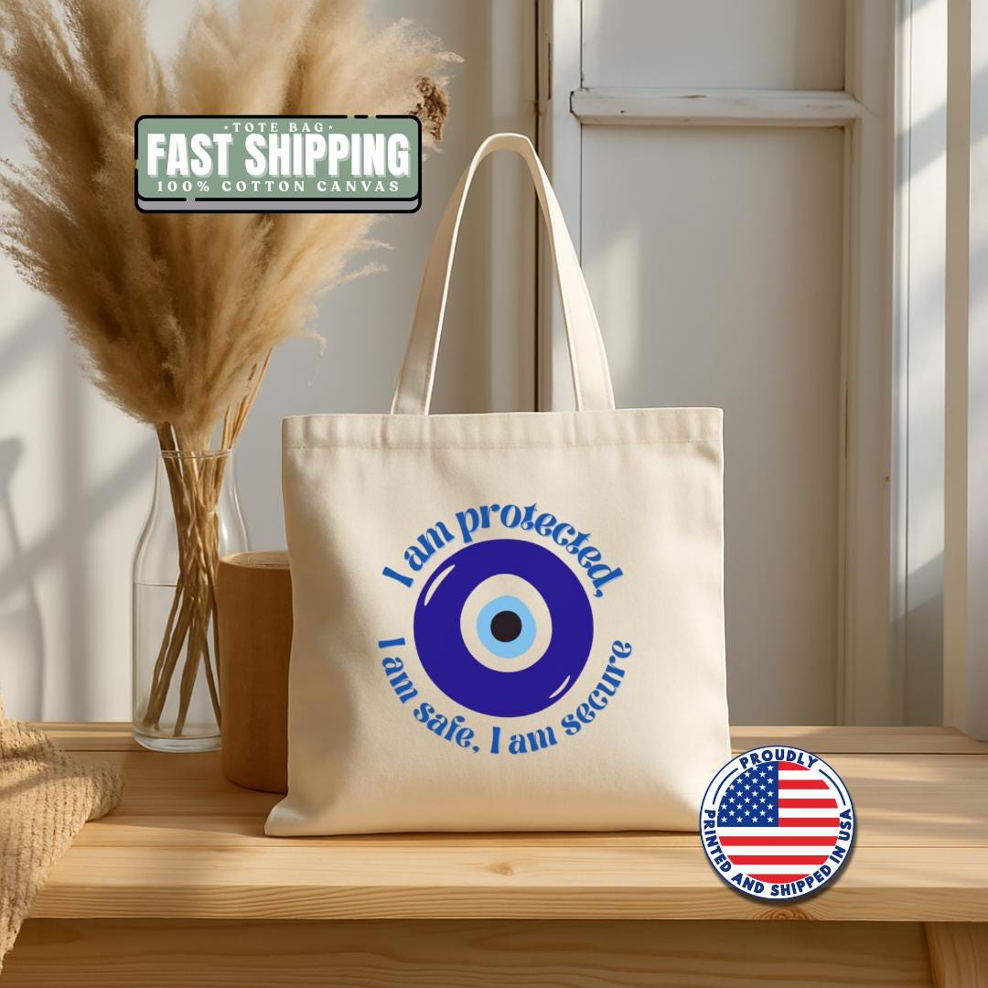 I Am Protected Cotton Canvas Tote Bag - Secure Shopping Eco-Friendly Gift Beach Bag Everyday Carry Wellness Vibes Greece Travel Souvenir