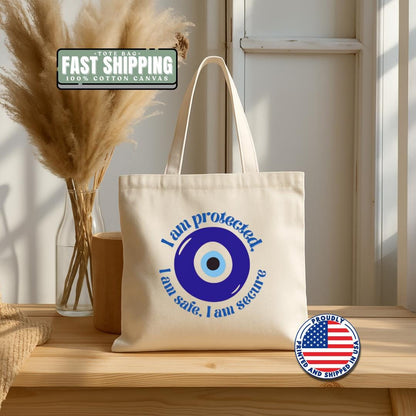 I Am Protected Cotton Canvas Tote Bag - Secure Shopping Eco-Friendly Gift Beach Bag Everyday Carry Wellness Vibes Greece Travel Souvenir