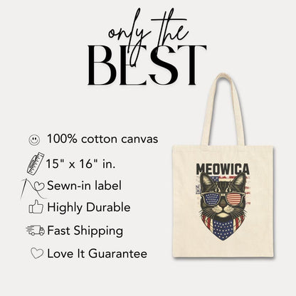 Patriotic Cat Tote Bag Meowica Canvas Bag for Pet Lovers Gift for Cat Owners Eco-Friendly Grocery Bag 4th of July Canvas Bag for Cat Lovers