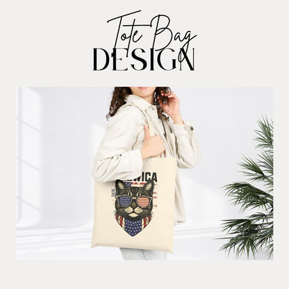 Patriotic Cat Tote Bag Meowica Canvas Bag for Pet Lovers Gift for Cat Owners Eco-Friendly Grocery Bag 4th of July Canvas Bag for Cat Lovers